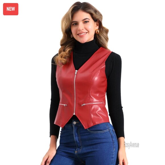 Faux Leather Sleeveless Vest with Zipper Pockets Vintage Waistcoat
